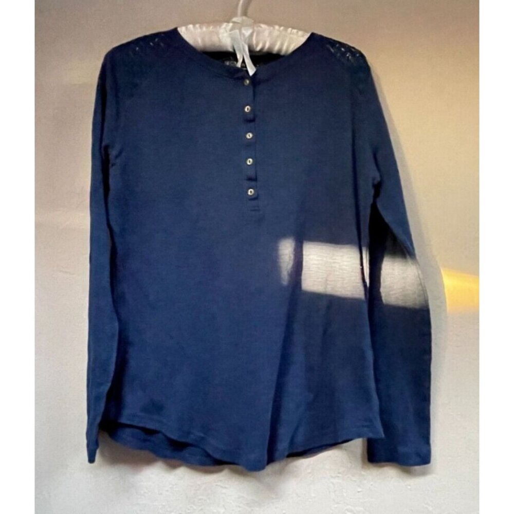 Segments Essentials Shirt Womens Large Lace-Trim Henley Top Pullover Navy Cotton